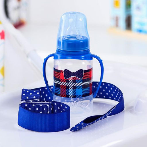 Бутылочка для кормления M&B «Маленький босс», классическое горло, с ручками, от 0 мес., 150 мл., синий