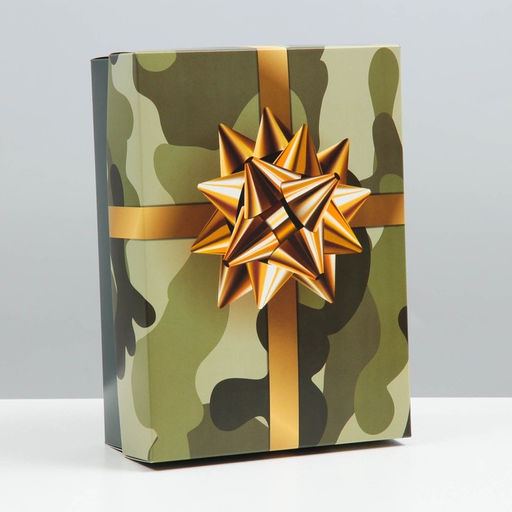 Цена за 5 шт. Коробка подарочная, крышка - дно, сборная «Камуфляж с бантом», 21×15×7 см