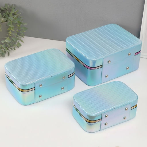 Набор шкатулок для украшений с зеркалом «Плетение», 3 шт., искусственная кожа, голубая