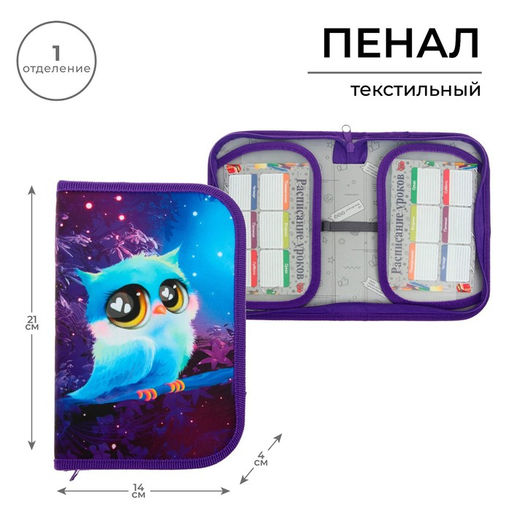Пенал школьный, 1 секция, 13×21×4 см «Совушка»