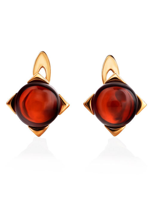 Небольшие позолоченные серьги Рондо с янтарем вишнёвого цвета