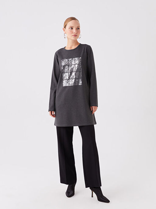 Bisiklet Yaka Bask?l? Uzun Kollu Kad?n Tunik