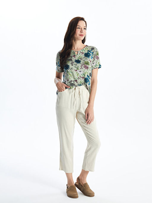 Beli Lastikli D?z Keten Kar???ml? Kad?n Pantolon