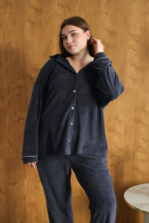 Теплая махровая пижама с брюками однотонная 48-56