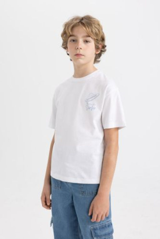 Erkek Cocuk Oversize Genis Kal?p Bisiklet Yaka Bask?l? K?sa Kollu Tisort
