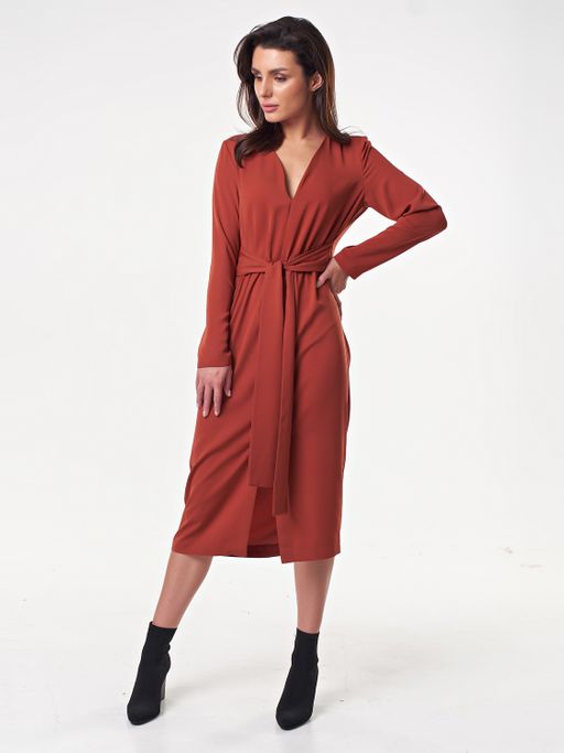 Платье повседневное миди с длинным рукавом терракотовое