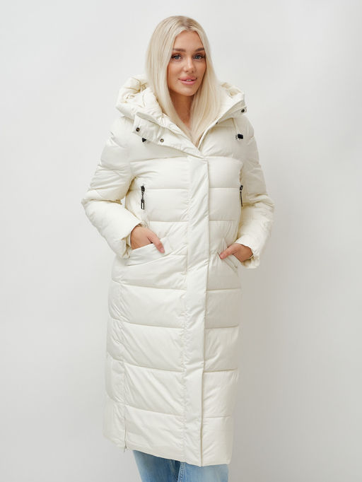 Пальто утепленное стеганное зимнее с капюшоном женское бежевого цвета 9610B - Mtforce фото 13