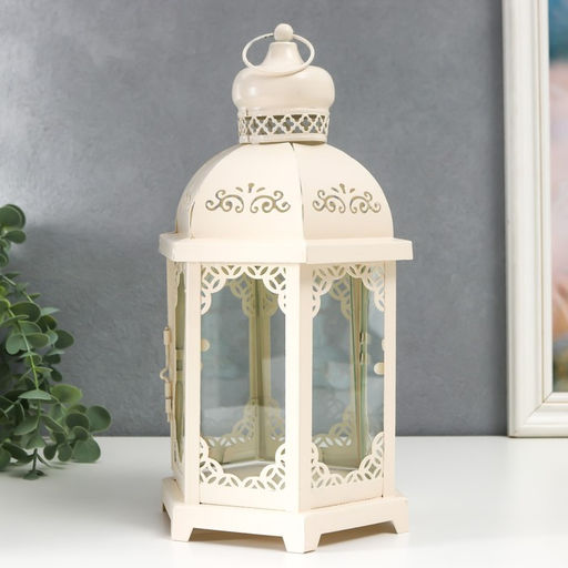 Металлический подсвечник-фонарь на 1 свечу «Цветущие вензеля», стекло, d=10 см, белый, 13.5×15×29 см