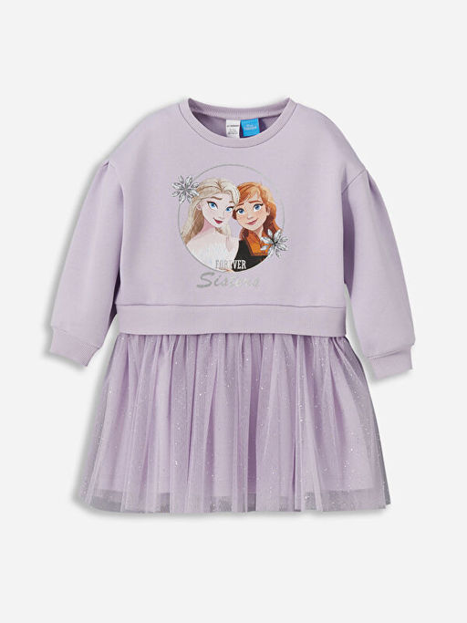 Bisiklet Yaka Elsa Bask?l? K?z ?ocuk Elbise