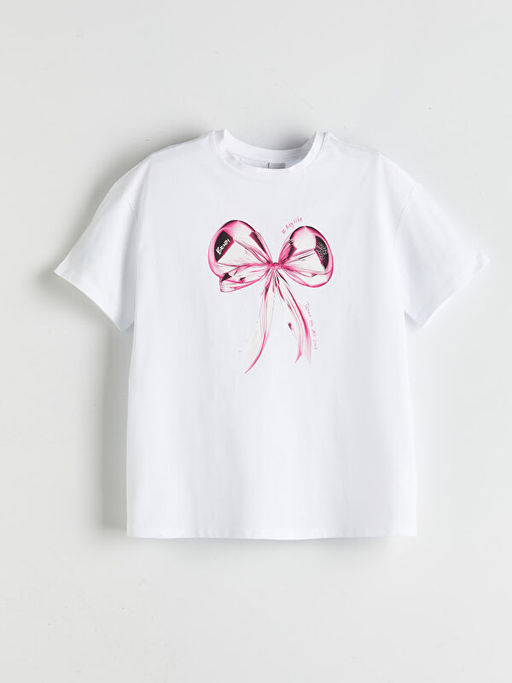 Bisiklet Yaka Fiyonk Bask?l? K?z ?ocuk Ti??rt