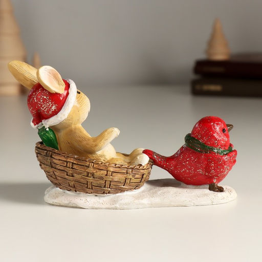Фигурка полистоун «Зайка в корзинке и красная птичка», 13×6×8 см