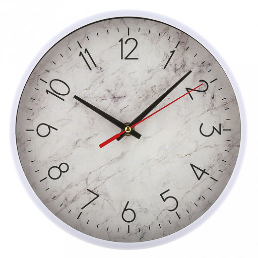 Часы настенные Монумент д23,5см, h4см, мягкий ход, циферблат Мрамор серый; цифры арабские, черный; корпус пластик, белый; в коробке (Китай)