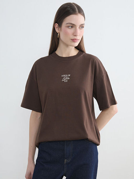 Bisiklet Yaka Bask?l? Kad?n Ti??rt