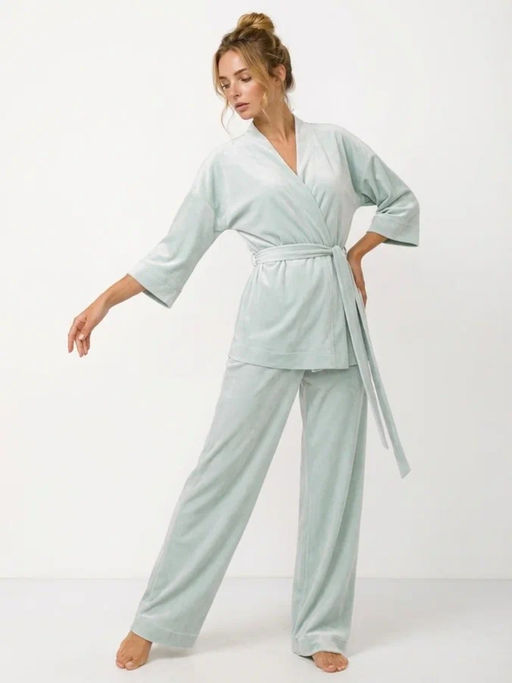 Пижама Кимоно+брюки из велюра OD-836-2 серо-зеленый
