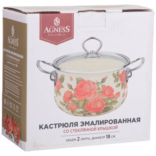 КАСТРЮЛЯ AGNESS ЭМАЛИРОВАННАЯ СО СТЕКЛ. КРЫШКОЙ СЕРИЯ КОРЕЙСКАЯ РОЗА 2.0 Л, 18*11 СМ  фото 2