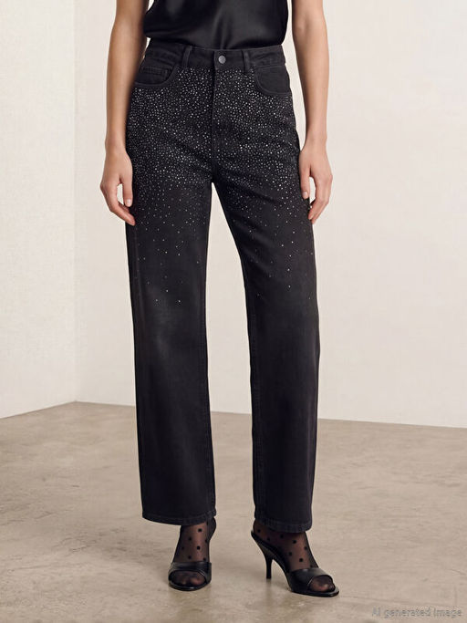 Straight Fit Ta?l? Kad?n Jean Pantolon