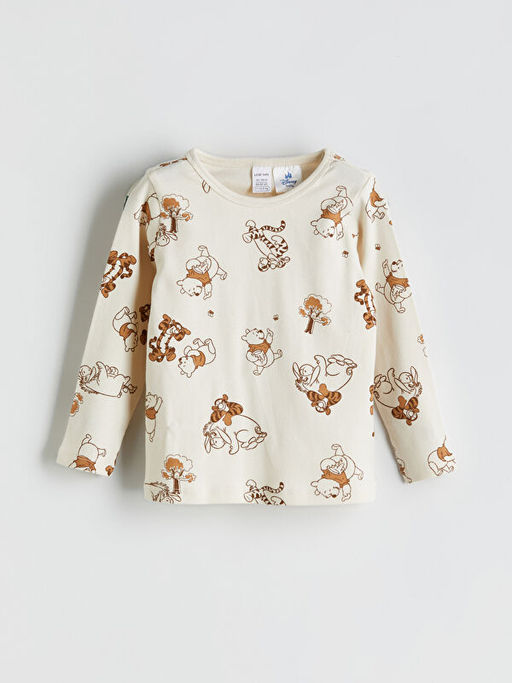 Bisiklet Yaka Uzun Kollu Winnie the Pooh Bask?l? Erkek Bebek Pijama Tak?m?