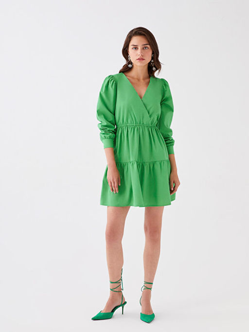 Kruvaze Yaka D?z Uzun Kollu Poplin Elbise