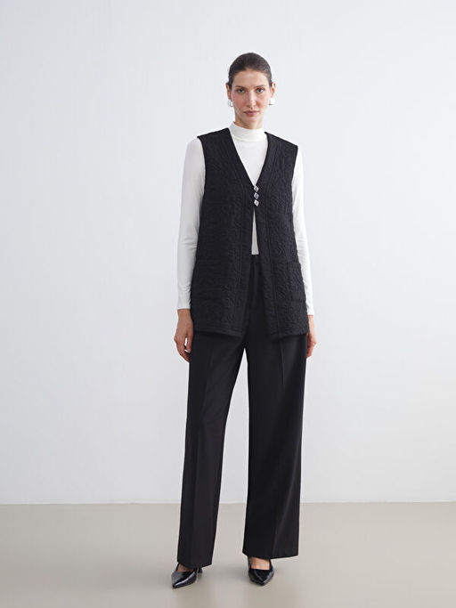 V Yaka Kendinden Desenli Kad?n Yelek