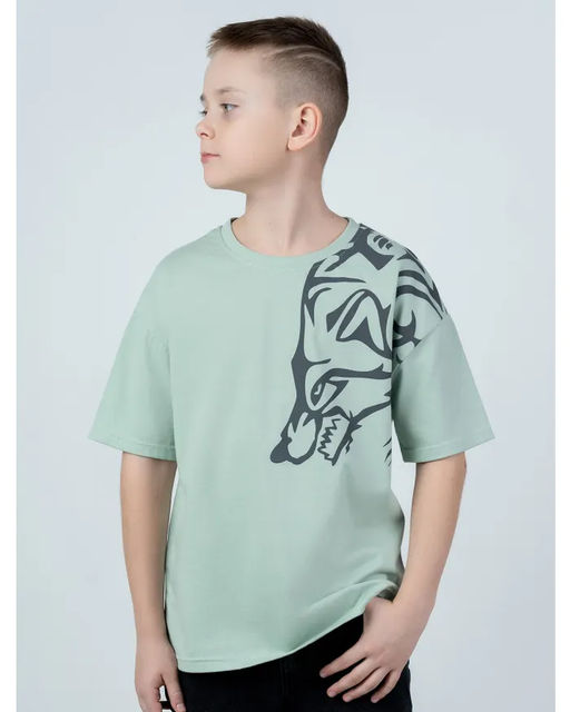 Футболка Эштон оверсайз Принт-Волк, цвет св.Хаки, кулирка 100% х/б - 5+ фото 2