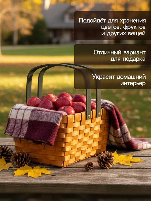 Корзина плетёная для хранения, 28×23×16 см, ручка h=15 см, деревянная, коричневая, Greengo