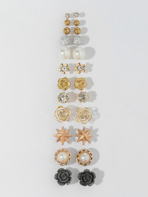 Серьги пусеты 12 пар One year, романтика, бело-серые в золоте