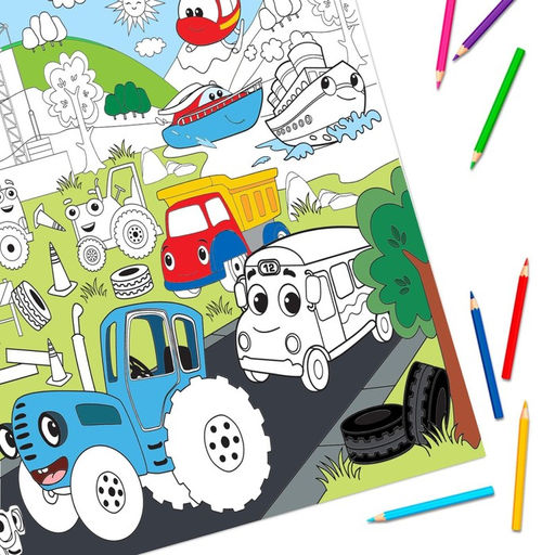 Раскраска-гигант Весёлый транспорт, 84 59 см, Синий трактор  фото 3