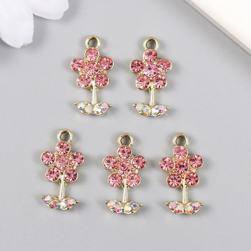 Цена за 5 шт. Декор для творчества металл, стразы Цветочек розовый с листиками, золото 1.1?2 см