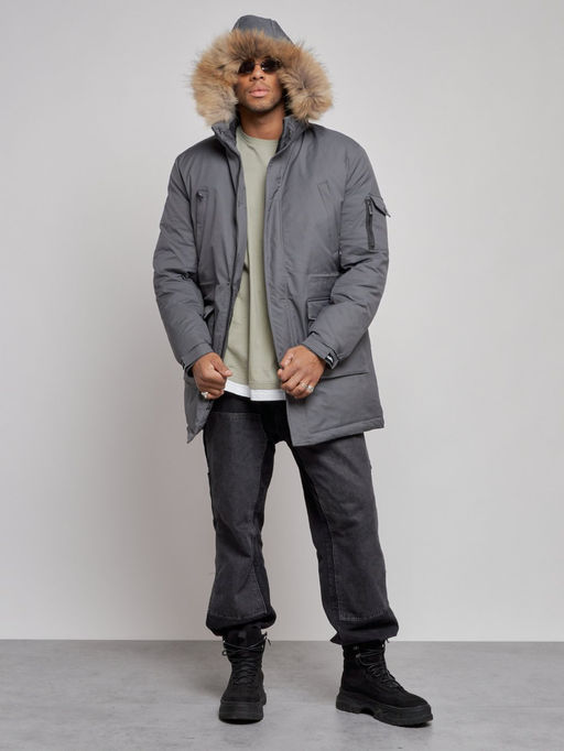Парка мужская зимняя удлиненная с мехом темно-серого цвета 8318TC - Wonderrman фото 6