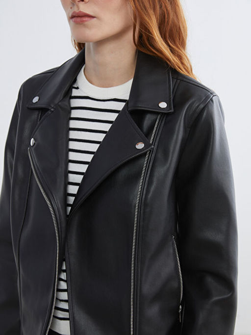 Biker Yaka Kad?n Deri G?r?n?ml? Ceket