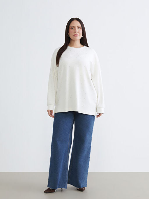 B?y?k Beden Bisiklet Yaka Ta?l? Kad?n Sweatshirt