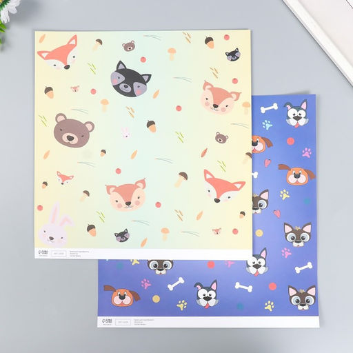 Цена за 5 шт. Бумага для скрапбукинга двусторонняя «Лесные звери и пёсики», плотность 180 г, 30.5×32 см