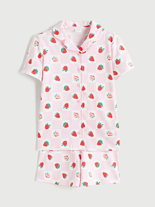 G?mlek Yaka ?ilek Desenli K?z ?ocuk ?ortlu Pijama Tak?m?