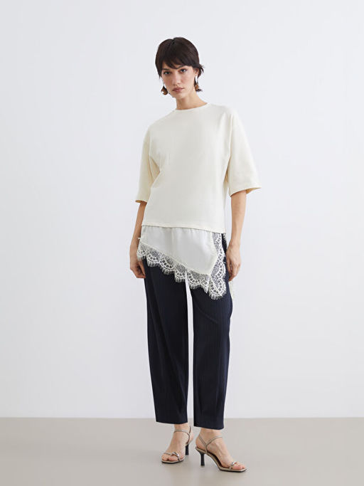 Bisiklet Yaka Dantel Detayl? Kad?n Ti??rt