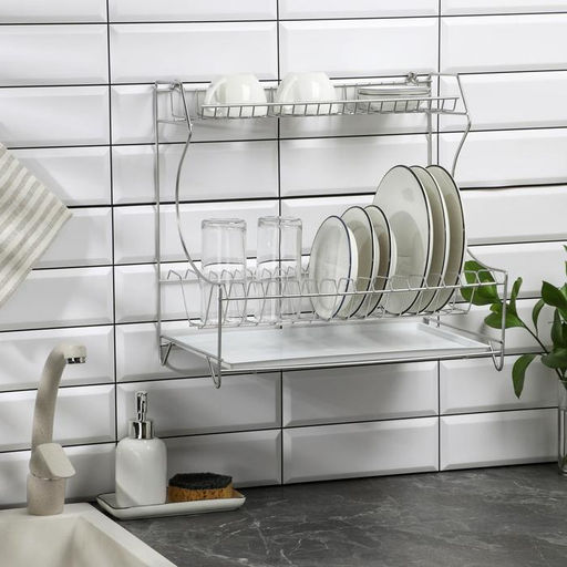 Сушилка для посуды с поддоном 2-х ярусная, настольно-настенная, 39.5×25×38 см, хром