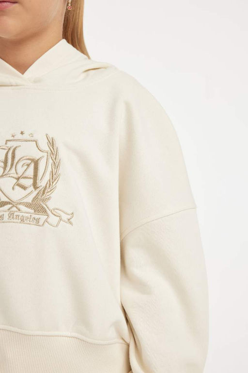 Толстовка широкого кроя с капюшоном и вышивкой для девочек цвета экрю - Defacto фото 5