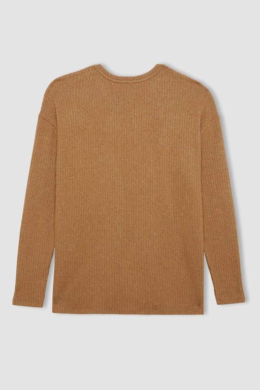 Женская футболка стандартного кроя с круглым вырезом в рубчик и длинными рукавами с боковым разрезом - Defacto фото 4