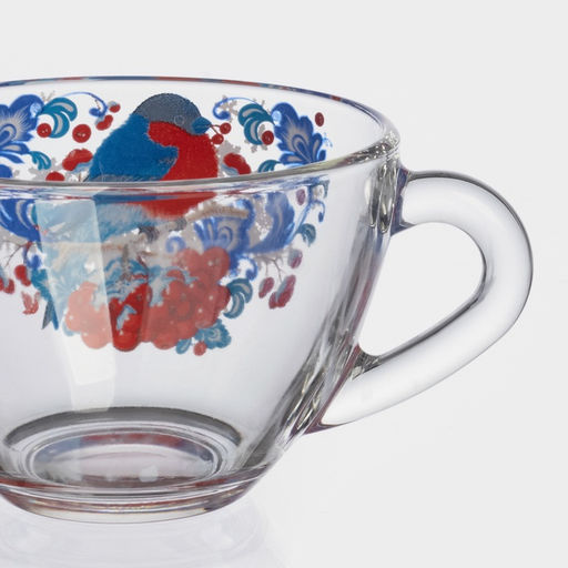 Чайная пара новогодняя Снегири на рябине, 200 мл, блюдце d=13 см, стекло, прозрачная