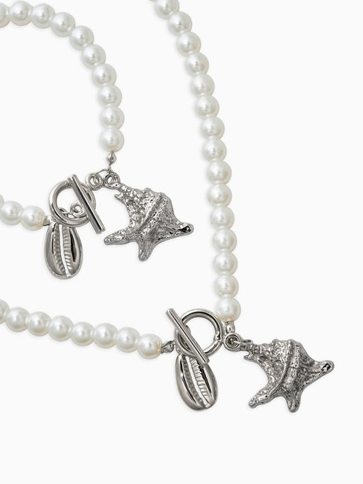 Набор 2 пред-та: бусы.браслет "Жемчуг", ракушка, цвет белый в серебре L=18/42см №8