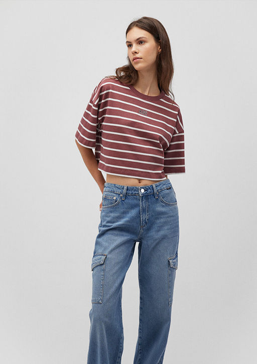 Mavi Logo Bask?l? Bordo Cizgili Crop Tisort