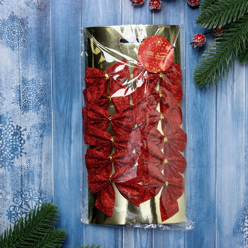 Цена за 2 шт. Ёлочные игрушки 12 шт. «Зимнее волшебство. Бантик - блеск» пластик, 4.5×5.5 см, красный