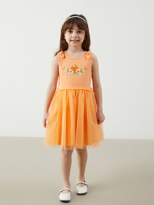 Bisiklet Yaka ?i?ekli K?z ?ocuk Penye Elbise