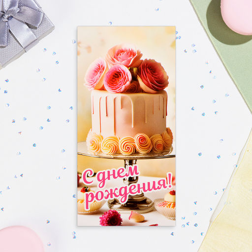 Цена за 10 шт. Конверт для денег С Днём Рождения! глиттер, торт, 17х8,5 см - Simaland фото 2