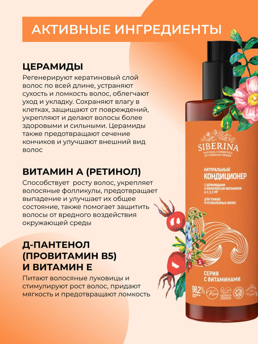 Кондиционер с церамидами и комплексом витаминов A, C, E, F, PP для тонких и ослабленных волос SIBERINA