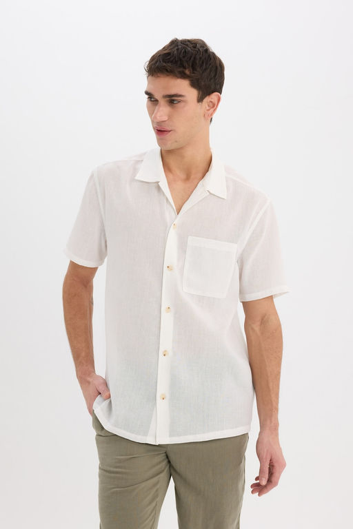 Relax Fit Polo Yaka Keten G_r_n_ml_ Yazl_k K_sa Kollu Beyaz G_mlek - Defacto фото 3