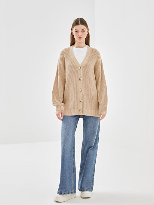 V Yaka Kendinden Desenli Uzun Kollu Kad?n Triko H?rka