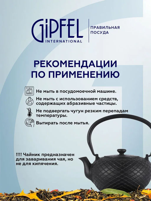 1163 GIPFEL Чайник чугунный RIKO тэцубин 1000мл с фильтром из нержавеющей стали 18/10. Материал: чугун, нержавеющая сталь 18/10. Цвет: чёрный