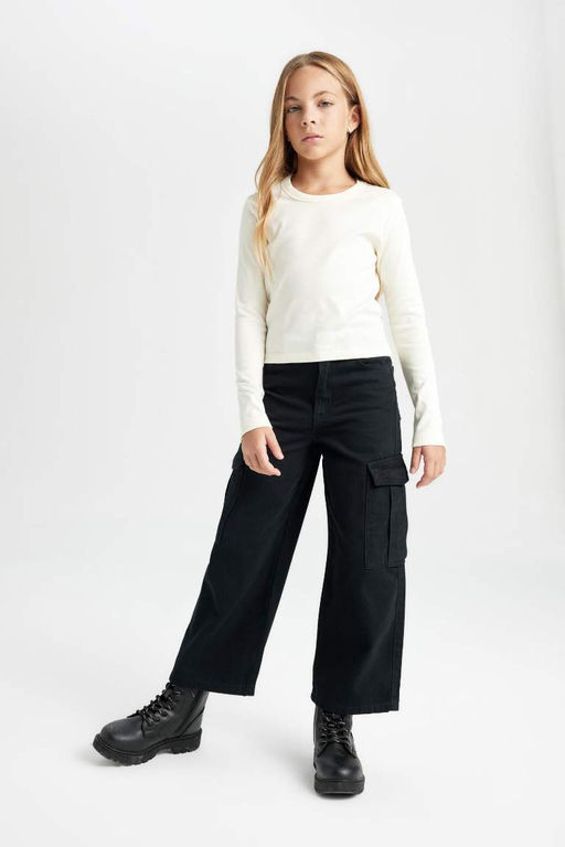 Укороченная рубашка с круглым вырезом для девочек, футболка в рубчик с принтом и длинными рукавами, состоящая из двух частей - Defacto фото 7