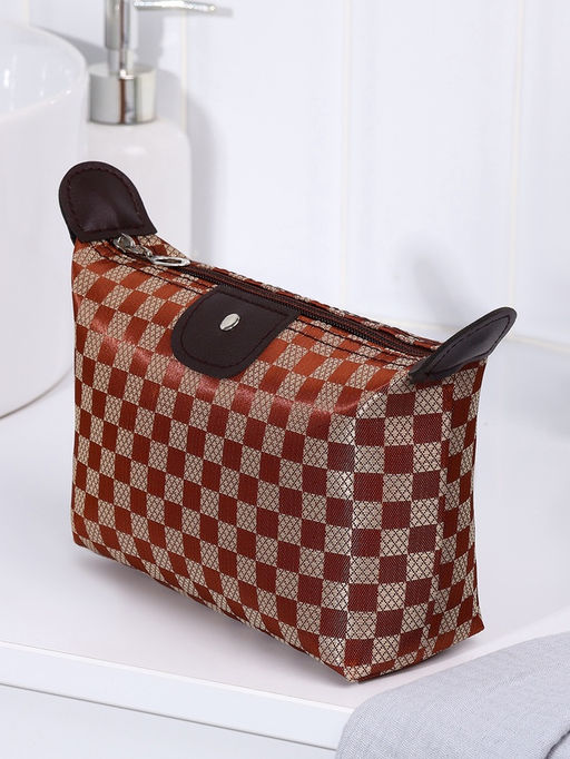 Косметичка простая на молнии, в клетку, средний размер, кофейная