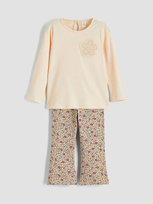 ?i?ekli K?z ?ocuk Penye Bluz ve Tayt